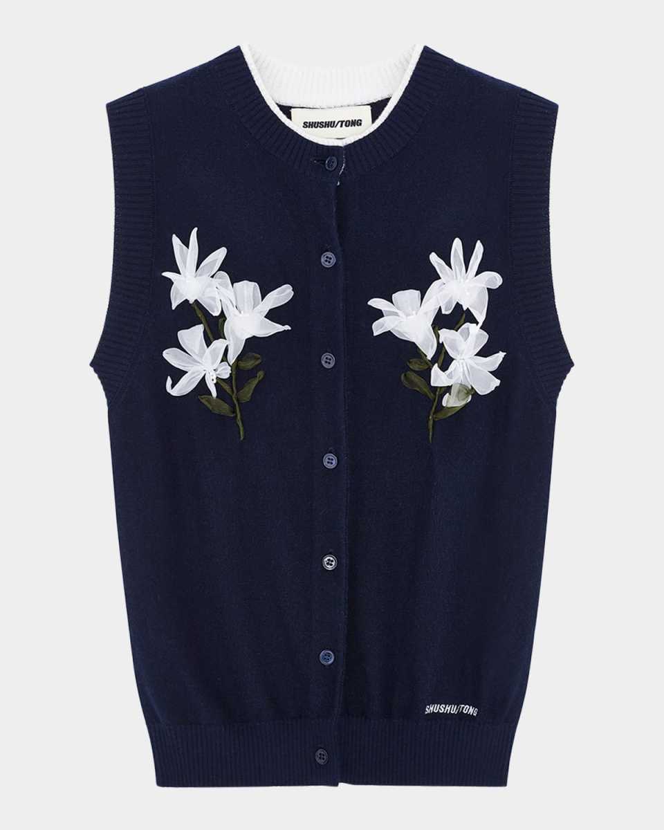 Floral Sleeveless Silk-Cashmere Cardigan
